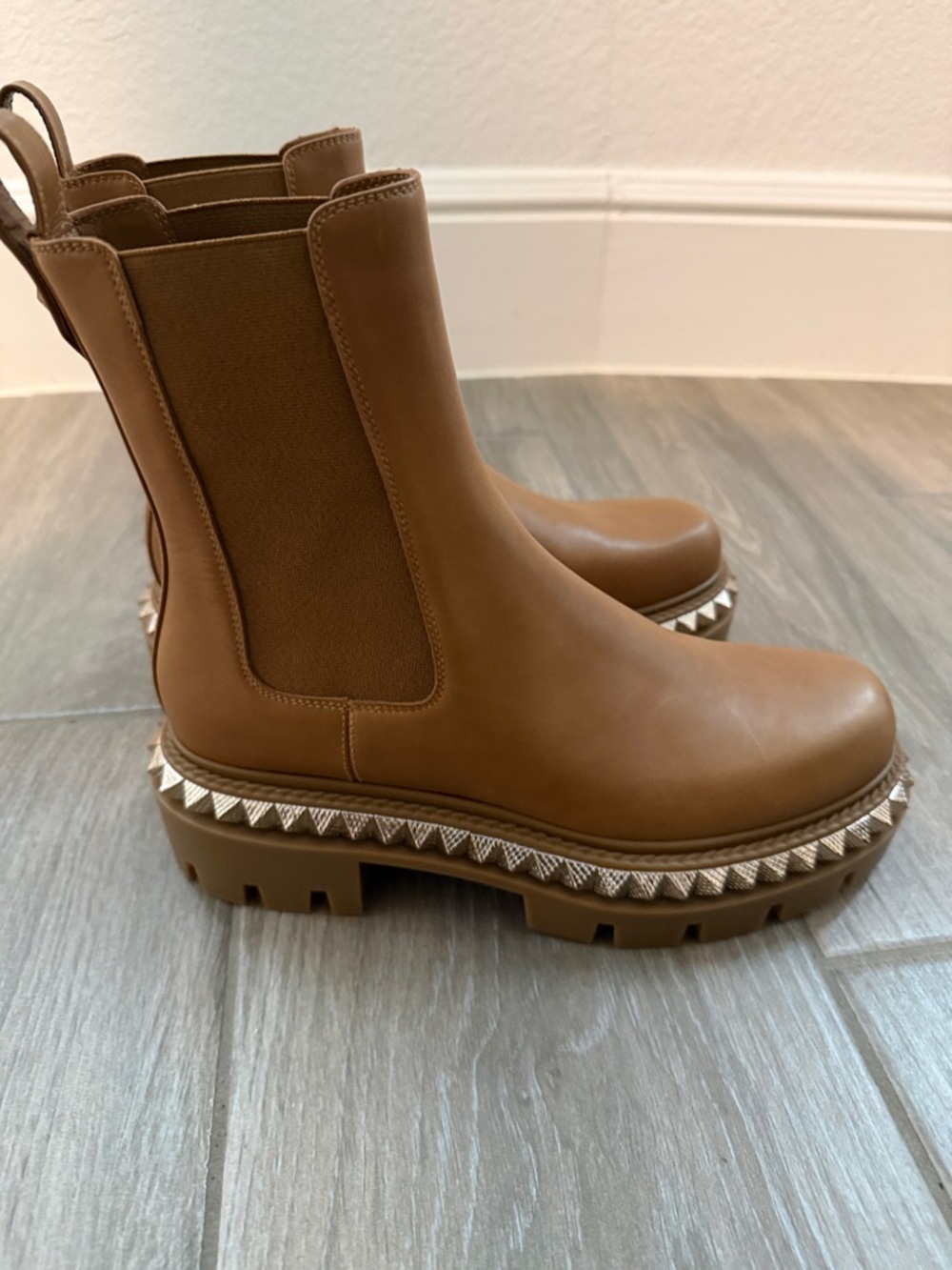 Christian Louboutin Tan Leather Platform Chelsea Booties with Studded Trim - Picture 5 of 7